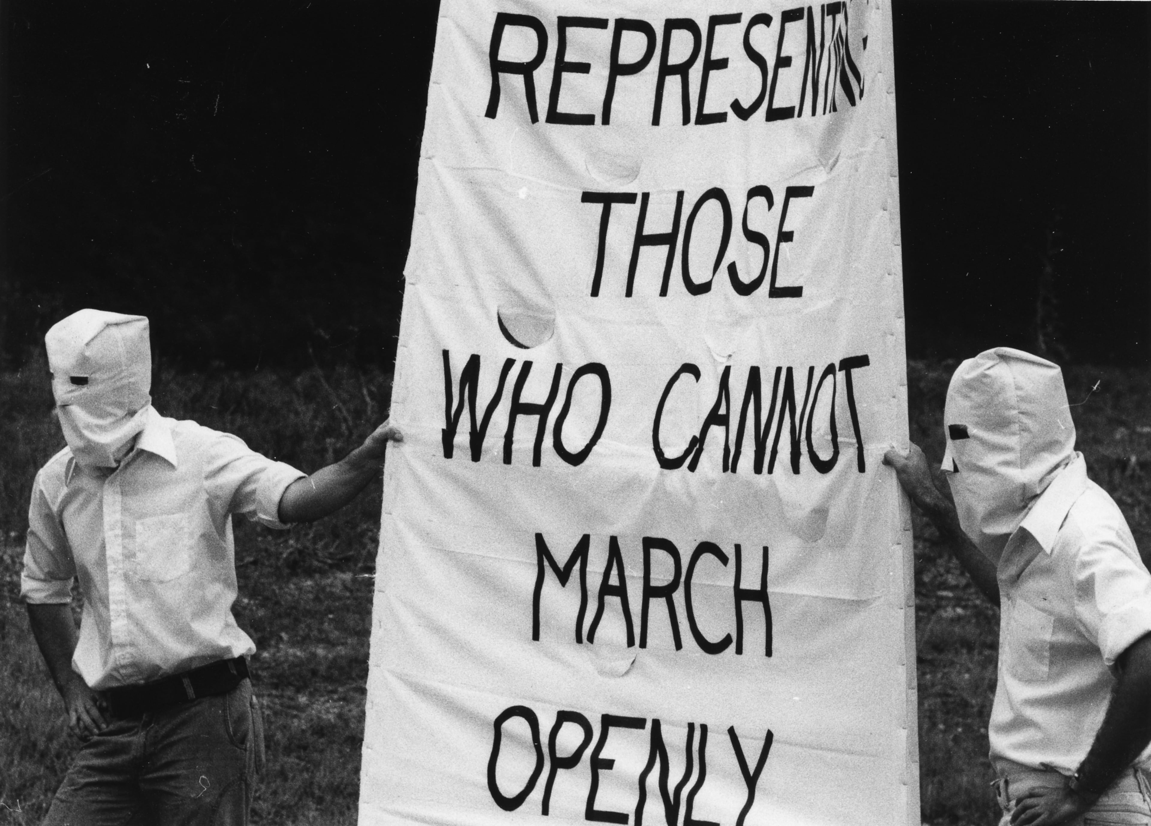 Hooded marchers "representing those who cannot march openly," Gay Pride parade, Atlanta, Georgia, June 25, 1979. (Atlanta Journal-Constitution Photographic Archives. Special Collections and Archives, Georgia State University Library.)