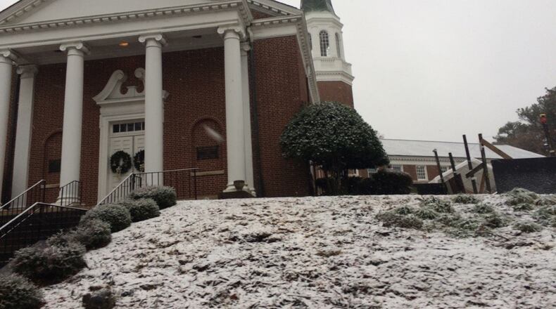 Snow falls Friday on First Christian Church of Decatur on West Ponce de Leon Avenue in Decatur.