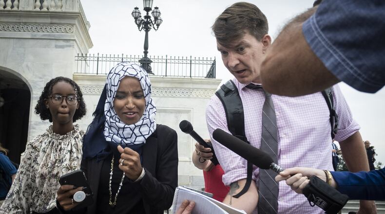 U.S. Rep. Ilhan Omar (D-Mich.) speaks to a reporter at the Capitol building after voting for a resolution denouncing comments by President Trump targeting herself and three other Democratic congresswomen of color on July 16, 2019 in Washington, D.C.(Pete Marovich/Getty Images)