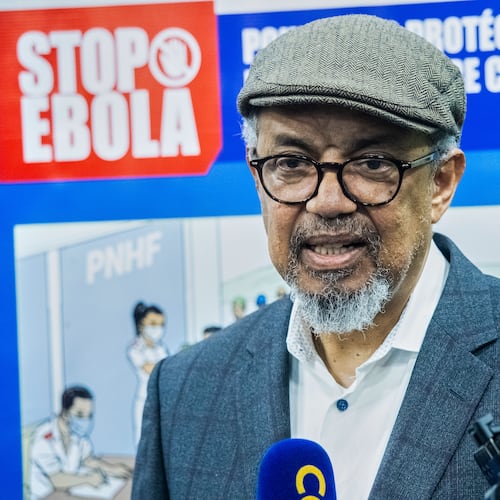 Director-General of the World Health Organisation (WHO), Tedros Adhanom Ghebreyesus, speaks to the media upon his arrival at N'djili International Airport in Kinshasa, Congo, Thursday, May 28, 2026. (AP Photo/Samy Ntumba Shambuyi)