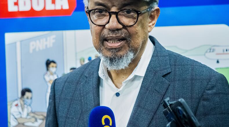 Director-General of the World Health Organisation (WHO), Tedros Adhanom Ghebreyesus, speaks to the media upon his arrival at N'djili International Airport in Kinshasa, Congo, Thursday, May 28, 2026. (AP Photo/Samy Ntumba Shambuyi)