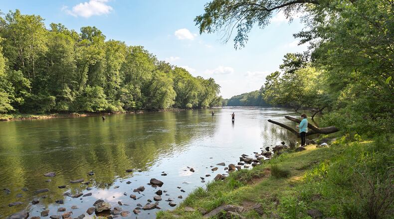 The Chattahoochee river begins at Buford Dam and Lower Overlook is the first park after the Lake Lanier dam that provides recreation, trout fishing, picnicking, hiking and swimming beaches. This location is busy with visitors and wildlife.
