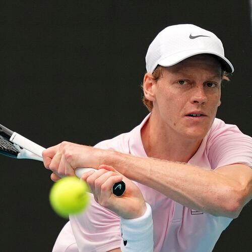 Jannik Sinner of Italy returns a ball against Jiri Lehecka of the Czech Republic in the men's singles final at the Miami Open tennis tournament, Sunday, March 29, 2026, in Miami Gardens, Fla. (AP Photo/Rebecca Blackwell)