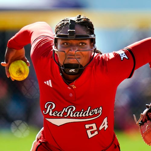 FILE - Texas Tech starting pitcher/relief pitcher Nijaree Canady (24) during an NCAA softball game against CS Fullerton on Saturday, Feb. 21, 2026, in Cathedral City, Calif. (AP Photo/Mike Buscher,File)