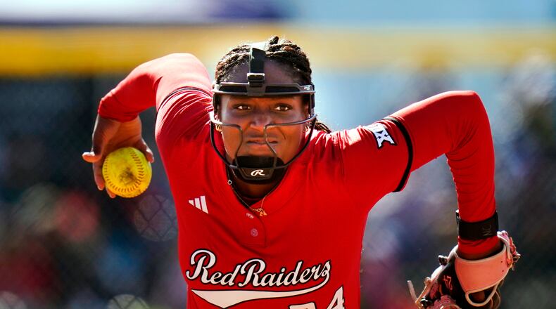 FILE - Texas Tech starting pitcher/relief pitcher Nijaree Canady (24) during an NCAA softball game against CS Fullerton on Saturday, Feb. 21, 2026, in Cathedral City, Calif. (AP Photo/Mike Buscher,File)