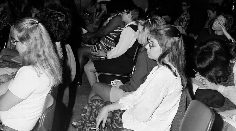 FILE - Women's rights activist Robin Morgan attends a Women's Liberation conference in New York on May 28, 1970. (AP Photo/Ed Ford, File)