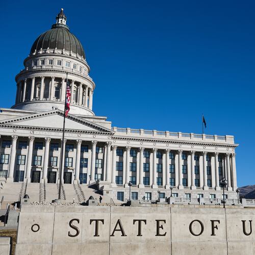 FILE - Flags fly at the Utah State Capitol, Jan. 18, 2026, in Salt Lake City. (AP Photo/Sydney Schaefer, File)