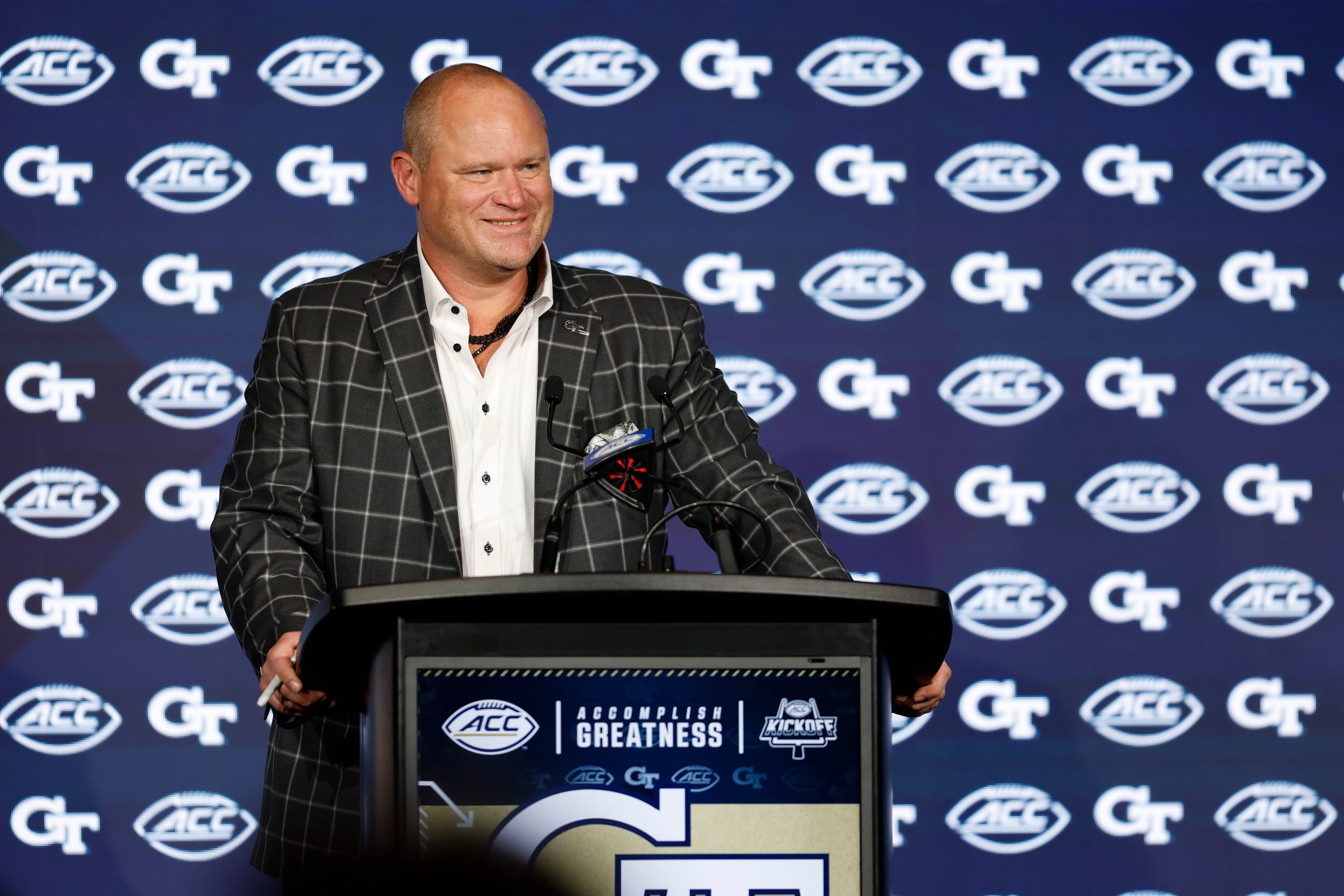 "All we can control is the work we put in, how we prepare, how we build our team and how we play for each other,” Georgia Tech football coach Brent Key told the media Wednesday at the ACC Football Kickoff in Charlotte, North Carolina (Courtesy of Nell Redmond/ACC)