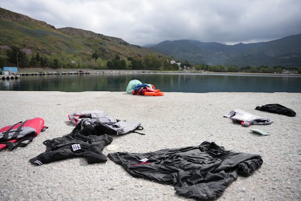 Lifejackets lie at Petra port, after the capsizing of a boat carrying migrants, off the coast on the northeastern Aegean Sea island of Lesbos, Greece, Thursday, April 3, 2025. (AP Photo/Panagiotis Balaskas)