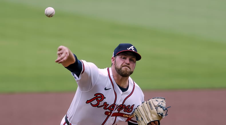Atlanta Braves pitcher Bryce Elder delivers to a Pittsburgh Pirates batter during the first inning of a baseball game, Sunday, June 7, 2026, in Atlanta. (AP Photo/Erik S. Lesser)