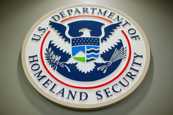 The Department of Homeland Security logo is seen during a news conference in Washington. (Pablo Martinez Monsivais/AP 2015)