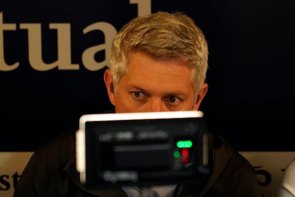 Mike Elias, executive vice president and general manager for the Baltimore Orioles, speaks to the media before a baseball game against the Milwaukee Brewers, Tuesday, May 20, 2025, in Milwaukee. (AP Photo/Aaron Gash)
