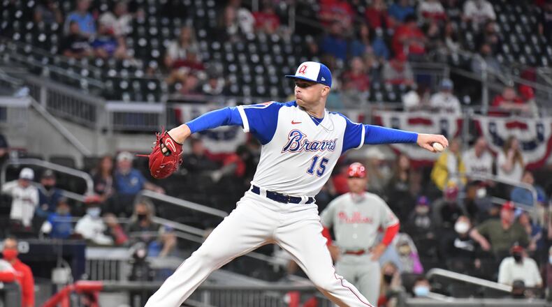 April 10, 2021 Atlanta - Atlanta Braves relief pitcher Sean Newcomb (15) throws a pitch in the 6th inning at Truist Park on Saturday, April 10, 2021. Atlanta Braves won 5-4 over Philadelphia Phillies. (Hyosub Shin / Hyosub.Shin@ajc.com)