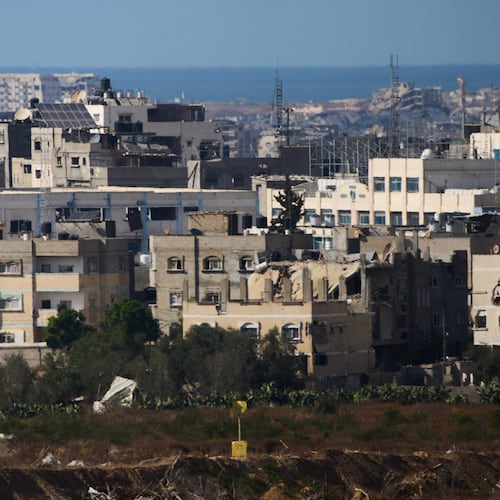 A yellow block stands demarcating the "Yellow Line," which has separated the Gaza Strip's Israeli-held and Palestinian zones since the October ceasefire, is visible in central Gaza Strip, Tuesday, May 26, 2026. (AP Photo/Ariel Schalit)