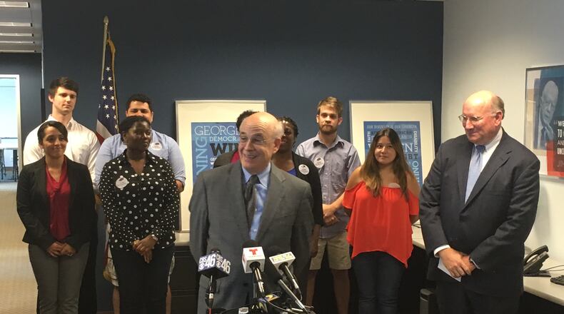 Democratic Senate nominee Jim Barksdale at his first press conference. Greg Bluestein/AJC photo.
