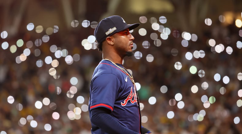 Atlanta Braves’ Ozzie Albies (1) is framed by San Diego Padres fans’ cell phone lights during the ninth inning of National League Division Series Wild Card Game Two at Petco Park in San Diego on Wednesday, Oct. 2, 2024. (Jason Getz / Jason.Getz@ajc.com)