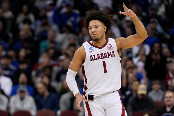 Alabama guard Mark Sears (1) reacts during the second half of a Sweet 16 round NCAA college basketball tournament game against Brigham Young, Thursday, March 27, 2025, in Newark, N.J. (AP Photo/Julia Demaree Nikhinson)
