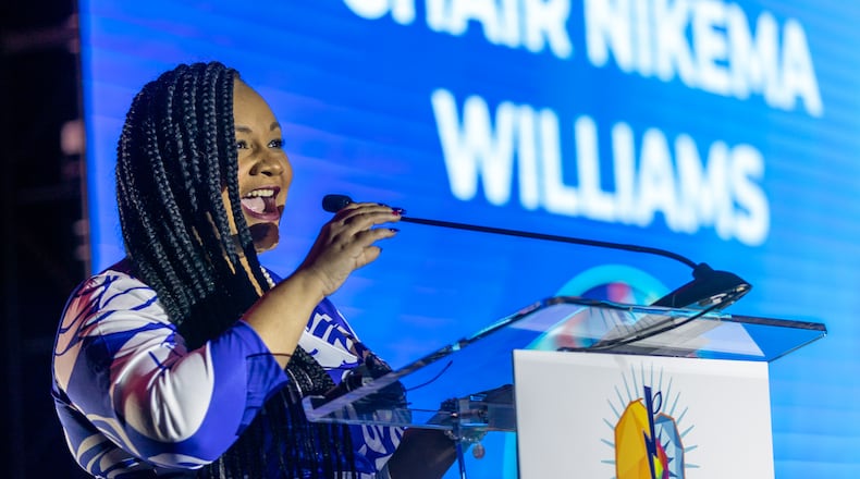 Congresswoman Nikema Williams speaks at the Democratic Party of Georgia’s State Convention in Columbus, Georgia, Saturday, August 27, 2022. She also is the state party chair. (Photo: Steve Schaefer/steve.schaefer@ajc.com))