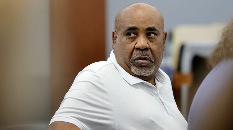 Duane Davis appears in court during the third day of jury selection in his murder trial, related to the 1996 killing of rapper Tupac Shakur, at Clark County District Court Regional Justice Center on Wednesday, Aug. 12, 2026, in Las Vegas. (Steve Marcus/Las Vegas Sun via AP, Pool)