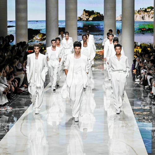 Models wear creations from the Dolce & Gabbana Spring/Summer 2027 Men's collection presented in Milan, Italy, Saturday, June 20, 2026. (AP Photo/Nicola Marfisi)