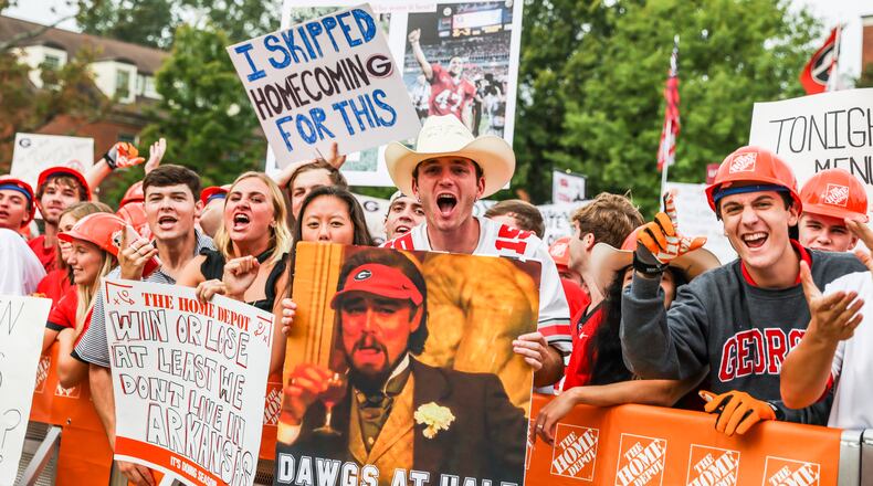 Georgia fans were fired up and out in huge numbers at UGA's Myers Quad rocking signs for ESPN's College GameDay before the Arkansas game in Athens on  Saturday, Oct. 2, 2021. (Photo by Mackenzie Miles/UGA Athletics)
