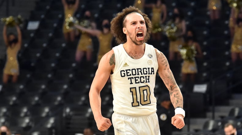 Georgia Tech guard Jose Alvarado (10) celebrates the 84-77 win over Syracuse Saturday, Feb. 27, 2021, at McCamish Pavilion in Atlanta. (Hyosub Shin / Hyosub.Shin@ajc.com)