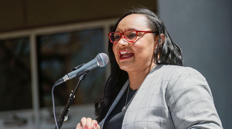 U.S. Rep. Nikema Williams speaks at a "Reclaim your vote" rally at Clark Atlanta University In Atlanta on Tuesday, April 12, 2022. (Bob Andres/The Atlanta Journal-Constitution/TNS)