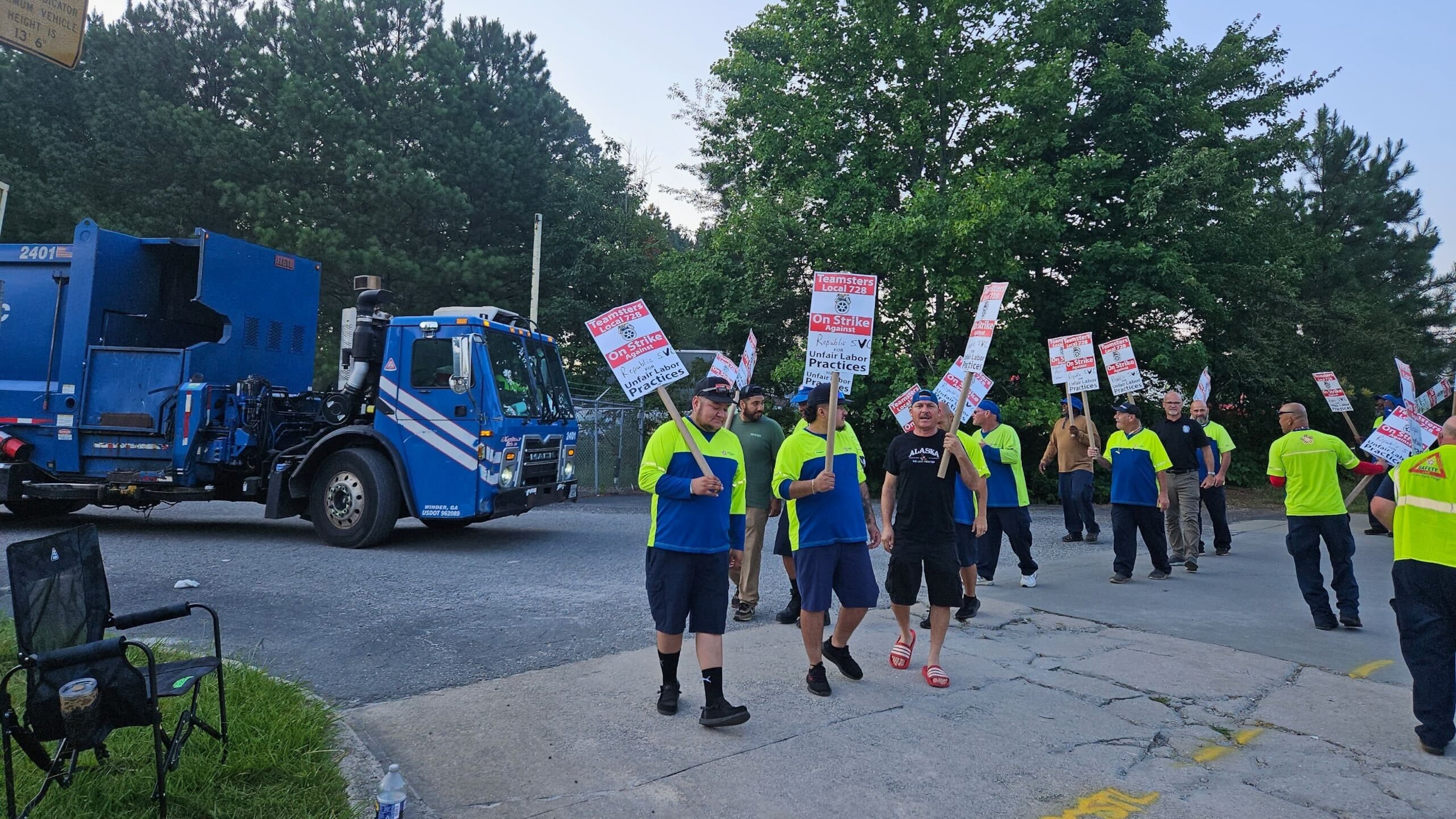 Teamsters members who handle trash collection in Alpharetta went on strike at their facility on Tuesday, July 8, 2025, in Cumming. About 500 Republic Teamsters are on strike across the country, according to the union. (Courtesy of the Teamsters)