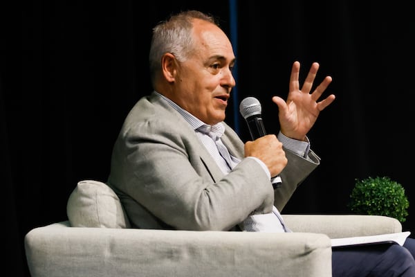 Georgia Tech President Angel Cabrera speaks at The Clubhouse at Tech Square in Atlanta on Wednesday, October 1, 2025. AOL co-founder Steve Case and Cabrera hosted a Fireside Chat. (Abbey Cutrer/AJC)