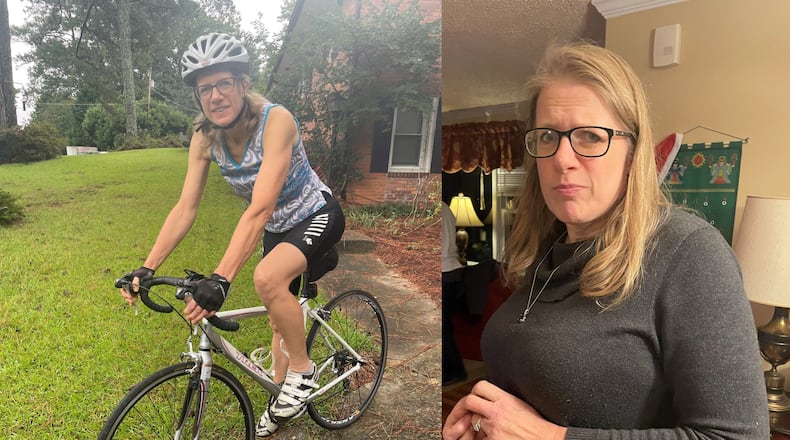 The photo on the left of Bibiana Marlar was taken early this month. She says it's important to "pick a kind of exercise you enjoy." For her, that's biking. The photo on the right of Marlar was taken in December 2020. (Photos contributed by Bibiana Marlar)