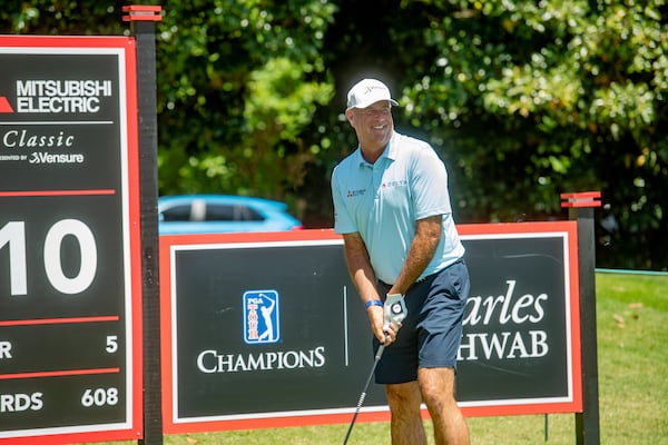 Stewart Cink tees off during the pro-am for the Mitsubishi Electric Classic, March 21, 2026, at TPC Sugarloaf in Duluth. Cink is the official host for the event. (Courtesy of Kate Awtrey-King)