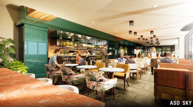 A rendering of the restaurant at Rooftop L.O.A., set to open at the Interlock in West Midtown. / Courtesy of Slater Hospitality