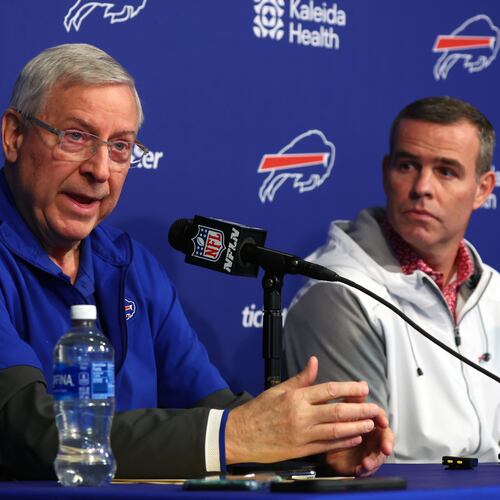 Buffalo Bills owner Terry Pegula left, and General Manager Brandon Beane speak at a NFL football news conference in Orchard Park, N.Y., Wednesday, Jan 21, 2024. (AP Photo/Jeffrey T. Barnes)