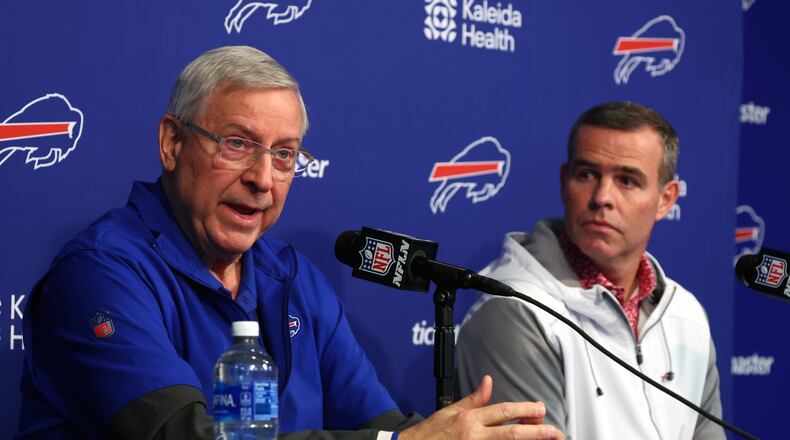 Buffalo Bills owner Terry Pegula left, and General Manager Brandon Beane speak at a NFL football news conference in Orchard Park, N.Y., Wednesday, Jan 21, 2024. (AP Photo/Jeffrey T. Barnes)