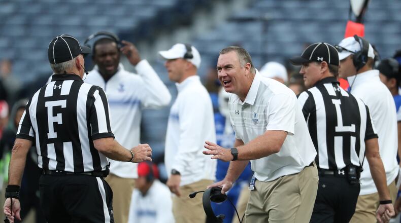 November 25, 2017 - Atlanta, Ga: Georgia State Panthers head coach Shawn Elliott reacts to a call by an official in the second half of their game against the Appalachian State at GSU Stadium Saturday, November 25, 2017, in Atlanta.  Appalachian State Mountaineers won 31-10. PHOTO / JASON GETZ