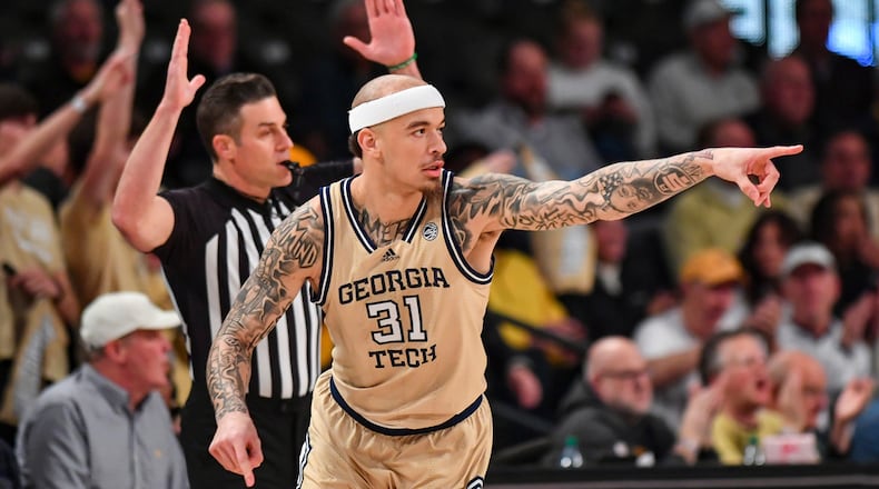 Georgia Tech forward Duncan Powell (31) reacts after making a three-pointer during the college basketball game between the Clemson Tigers and the Georgia Tech Yellow Jackets on January 22, 2025 at Hank McCamish Pavilion in Atlanta, GA. (Photo by Rich von Biberstein/Icon Sportswire) (Icon Sportswire via AP Images)