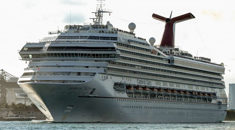 The Carnival Glory cruise ship is shown docked prior to departure at the Port of Miami in Miami, Fla.