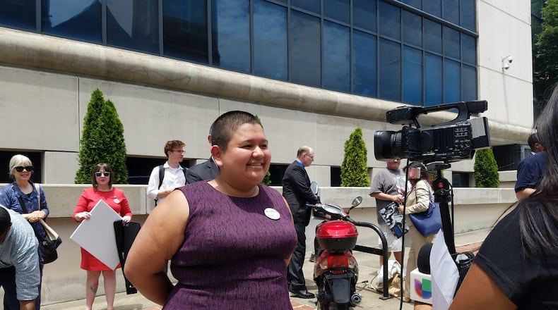Maria Palacios, whose candidacy for Georgia House was ruled ineligible, holds a news conference at Fulton County Superior Court. Maya T. Prabhu/maya.prabhu@ajc.com