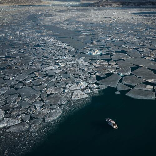 FILE - Pieces of ice move through the sea in Qoornoq Island, near Nuuk, Greenland, Feb. 17, 2025. (AP Photo/Emilio Morenatti, File)