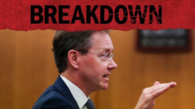 Attorney Tom Clyde, representing The Atlanta Journal-Constitution and more than a dozen other major news outlets, argues for the release of the final report by the Fulton County special grand jury looking into possible interference in the 2020 presidential election. (John Bazemore / AP)