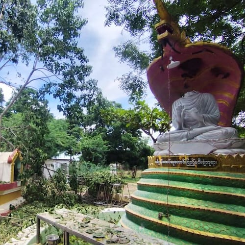 Debris litters a Buddhist monastery after an airstrike hit Swel Le Oh village in Myaung Township, Sagaing Region, Myanmar, on Friday, Aug. 21, 2026. (Ko Nway Oo via AP)