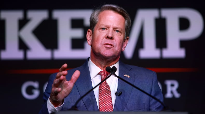 Georgia Gov. Brian Kemp speaks during his primary night election party at the Chick-fil-A College Football Hall of Fame on May 24, 2022, in Atlanta. Kemp defeated former Sen. David Perdue, R-Ga., in the primary. (Joe Raedle/Getty Images/TNS)