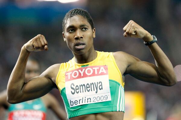 FILE -South Africa's Caster Semenya celebrates after winning the gold medal in the final of the Women's 800m during the World Athletics Championships in Berlin on Aug. 19, 2009. (AP Photo/Anja Niedringhaus, File)