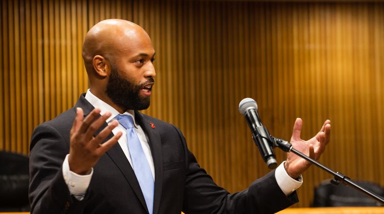 Kirkland Carden, a new member of the Gwinnett Board of Commissioners, speaks during his swearing in ceremony, on Monday, December 21, 2020, at the Gwinnett Justice and Administrative Center in Lawrenceville, Georgia. Carden serves as county commissioner for district one. CHRISTINA MATACOTTA FOR THE ATLANTA JOURNAL-CONSTITUTION