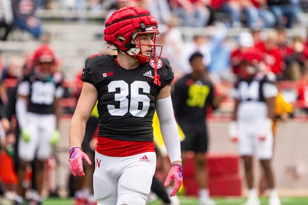 Nebraska defensive back Rowdy Bauer (36) walks onto the field during an NCAA college football practice Saturday, April 26, 2025, in Lincoln, Neb. (AP Photo/Dylan Widger)