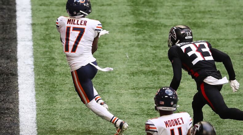 Bears wide receiver Anthony Miller gets past Atlanta Falcons cornerback Blidi Wreh-Wilson for what proved to be the winning touchdown during the fourth quarter Sunday, Sept. 27, 2020, at Mercedes-Benz Stadium in Atlanta. Chicago won 30-26. (Curtis Compton / Curtis.Compton@ajc.com)