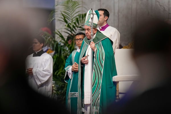 FILE - Pope Francis presides at a Mass for the closing of the 16th general assembly of the synod of bishops, in St.Peter's Basilica at the Vatican, Oct. 29, 2023. (AP Photo/Alessandra Tarantino, File)