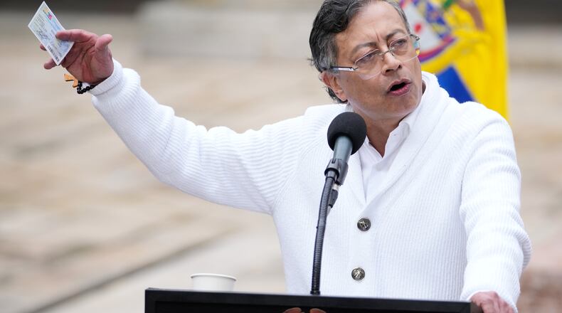 FILE - President Gustavo Petro speaks after voting during the presidential election in Bogota, Colombia, May 31, 2026. (AP Photo/Matias Delacroix, File)