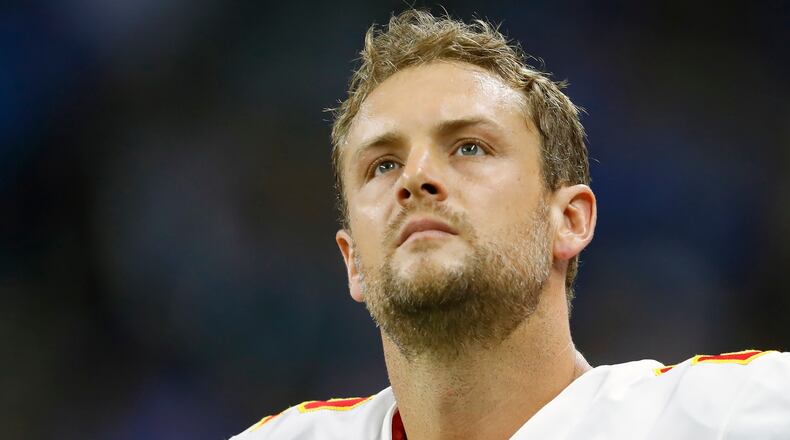 Kansas City Chiefs punter Dustin Colquitt (2) watches during an NFL game against the Detroit Lions Sept. 29, 2019, in Detroit. In February 2021, the Chiefs released the two-time Pro Bowl punter Dustin Colquitt, whose 15-year career with the franchise allowed him to set numerous club records, including the most games played and most postseason appearances. (Paul Sancya/AP)