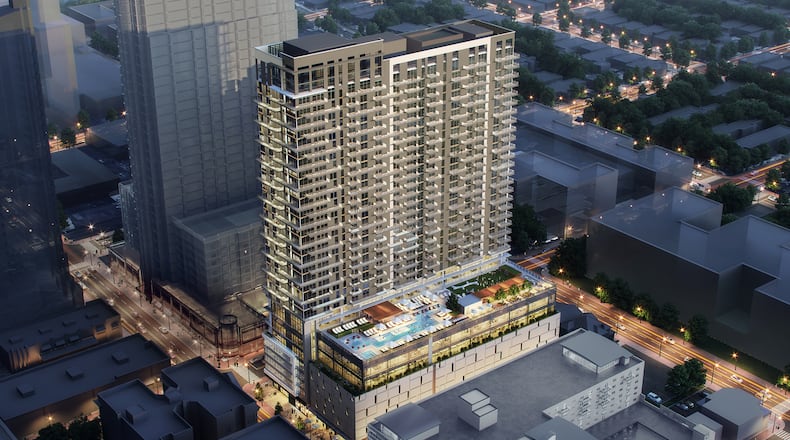 This is a rendering of Society Atlanta, a 31-story mixed-use development pitched for Midtown. It will include 460 apartments and about 98,000 square feet of commercial and office space.